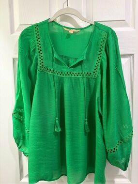Green Boho Peasant Blouse with Tassel Tie - Women